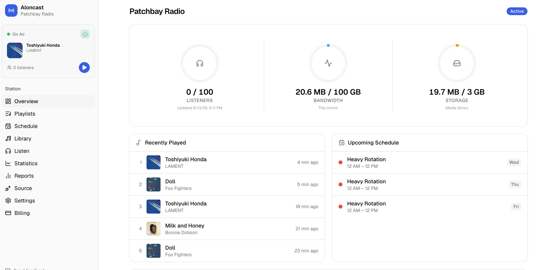 The Aloncast dashboard overview — now playing, listener, bandwidth and storage stats, recently played, and upcoming schedule.