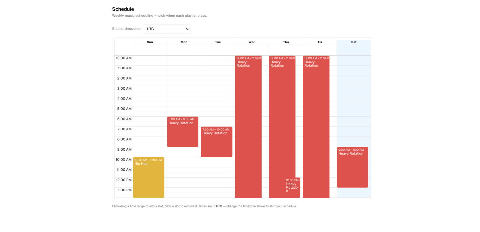 The weekly scheduling view — a calendar grid with playlist blocks placed across the week.